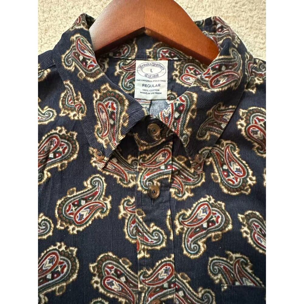 Brooks Brothers Men's L Navy Paisley Corduroy Shirt Regular Fit Button Down